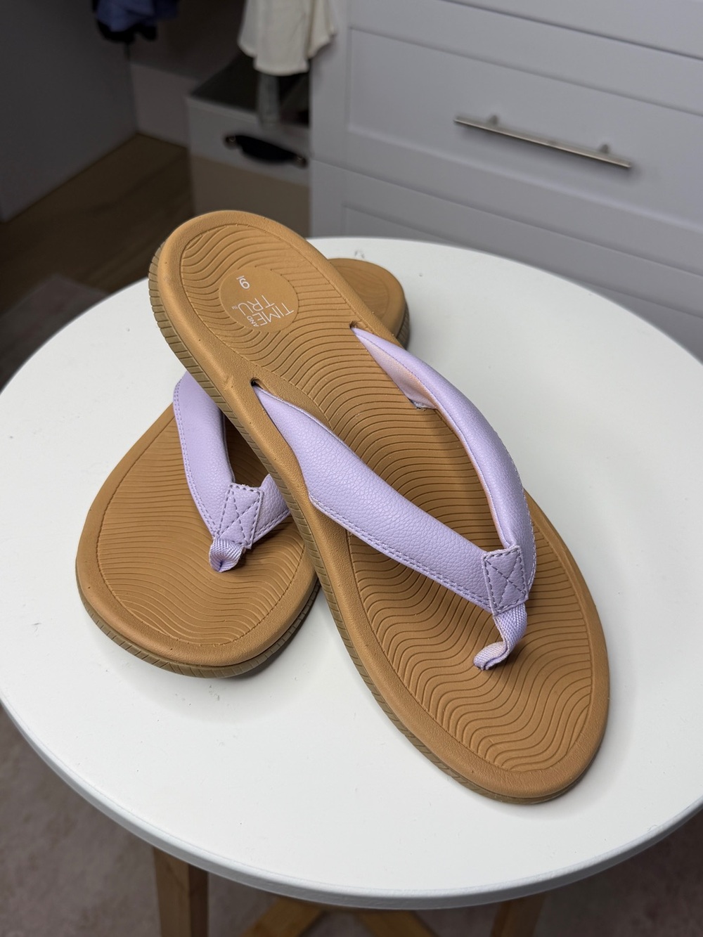 Time and Tru Women's Lavender Strap Tan Footbed Flip Flop Sandals